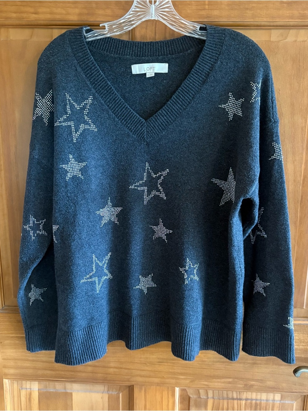 LOFT Charcoal Gray V-Neck Sweater with Star Embellishments, Women's Size M